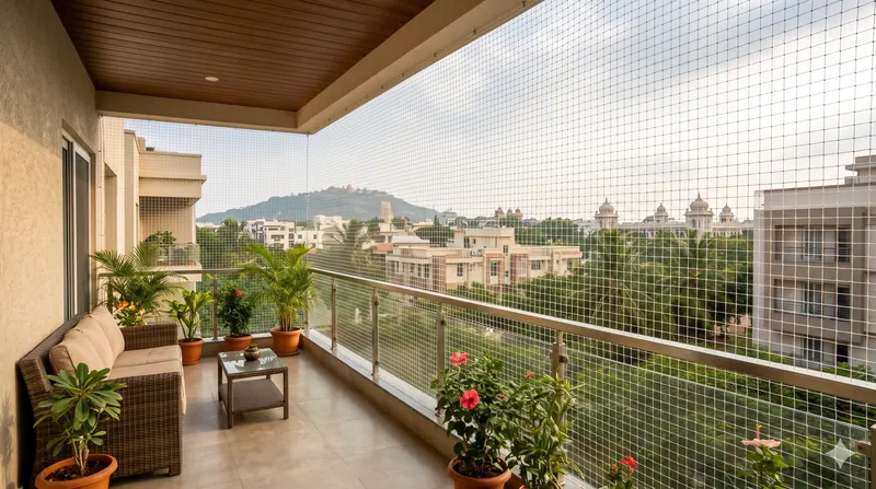 Homes and apartment blocks in Mysore that use balcony bird nets