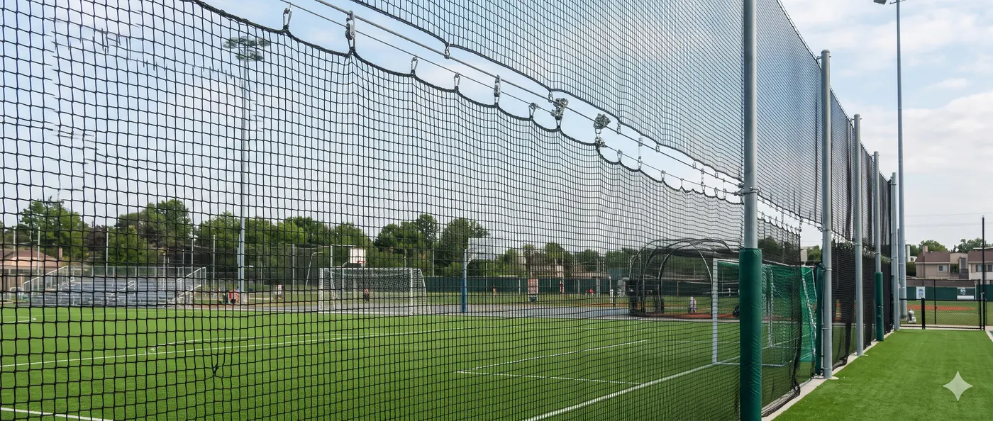 Protective sports net around a cricket practice area
