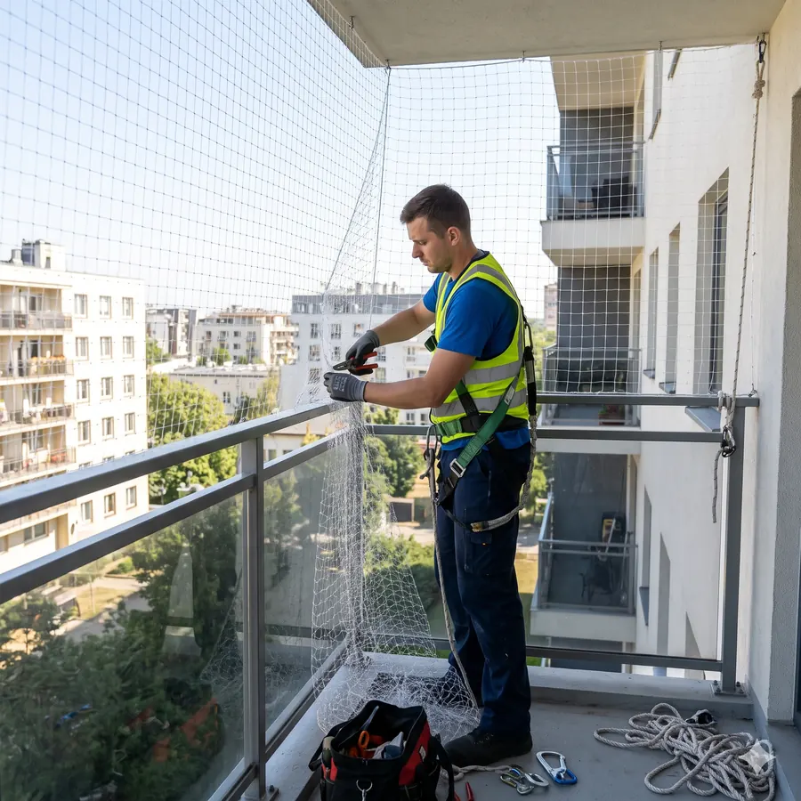 Technician installing a balcony safety net to keep pigeons out