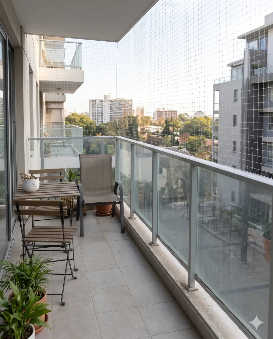 Apartment balcony with a pigeon safety net installed, clean and bird-free