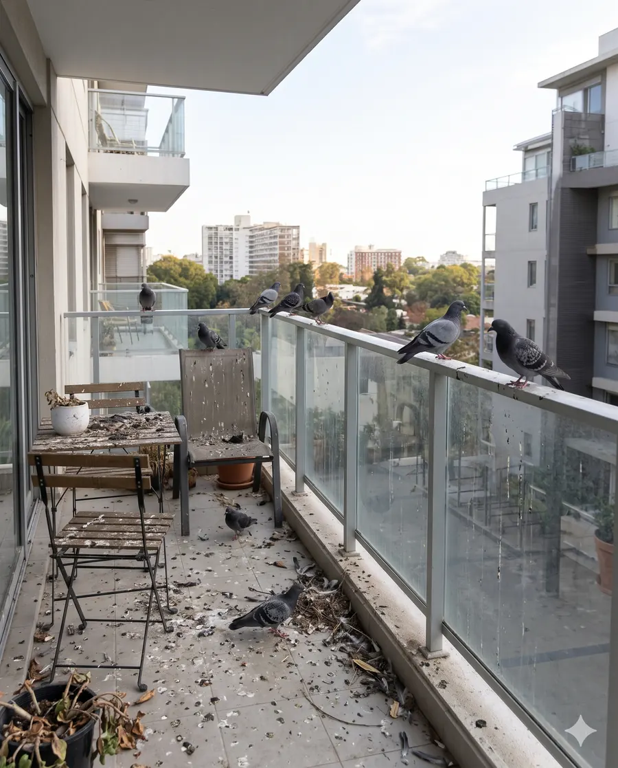 Apartment balcony without nets, with pigeons and droppings on the railing and floor